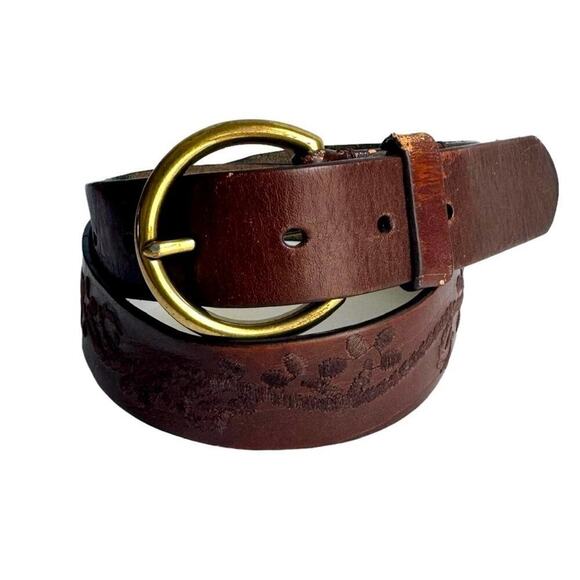 Vintage Brown Leather Belt Boho Embroidered Detail Gold Brass Tone Buckle Y2K - Picture 1 of 10